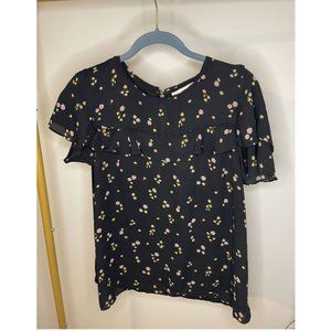 LOFT Floral Ruched Flutter Sleeve Blouse